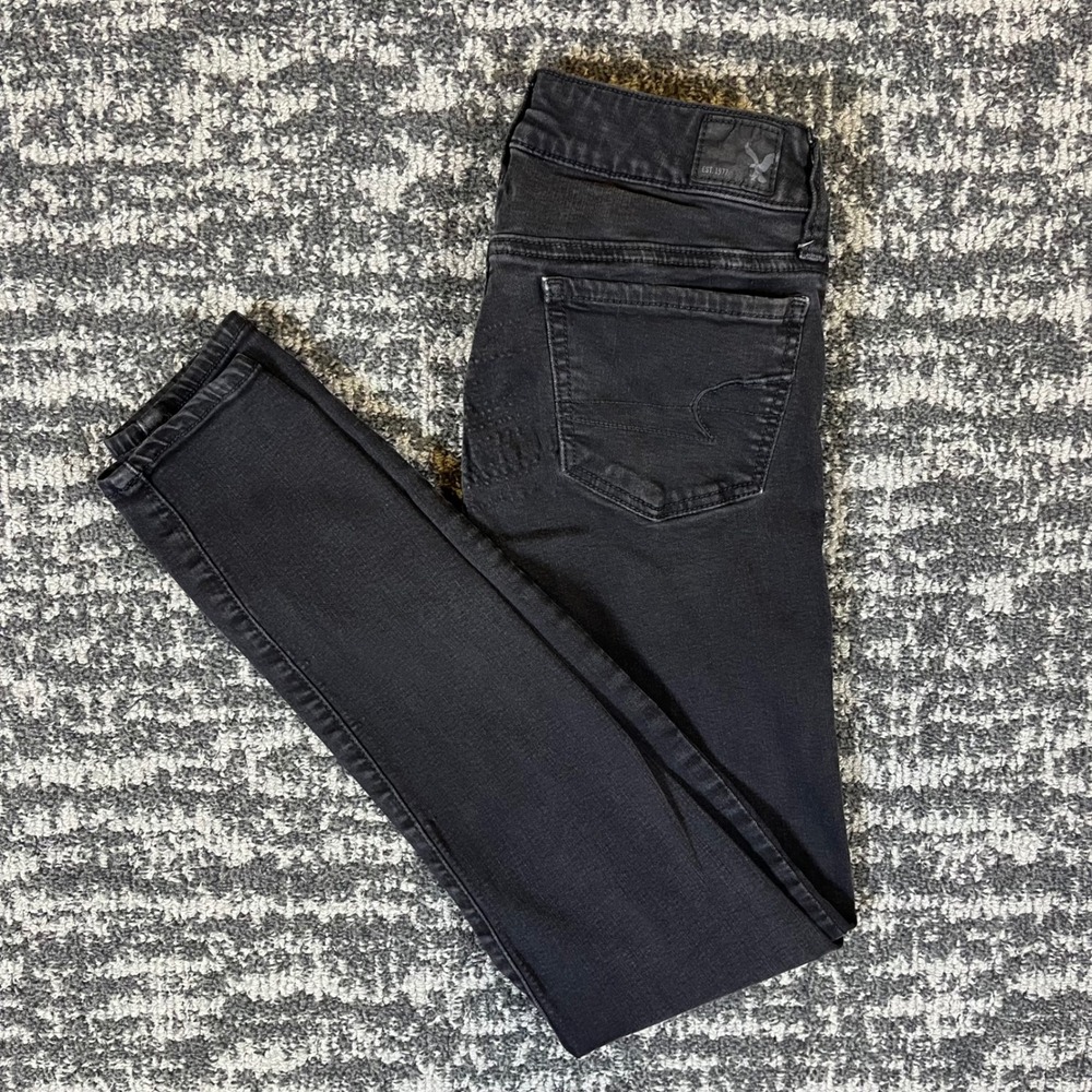 American Eagle‎ Jeggings Womens Size 0 Black Skinny Stretch Faded Denim Jeans